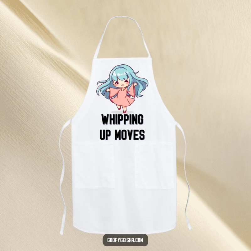 Funny Kawaii Apron: Dancing character spinning gracefully with flowing sleeves, adding a funny and dynamic touch to cooking and baking.
