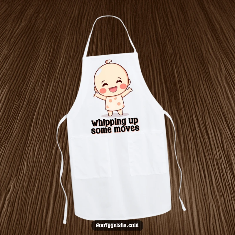 Funny Kokeshi doll apron with a grinning character doing a silly dance, perfect for adding humor and personality to kitchen activities.