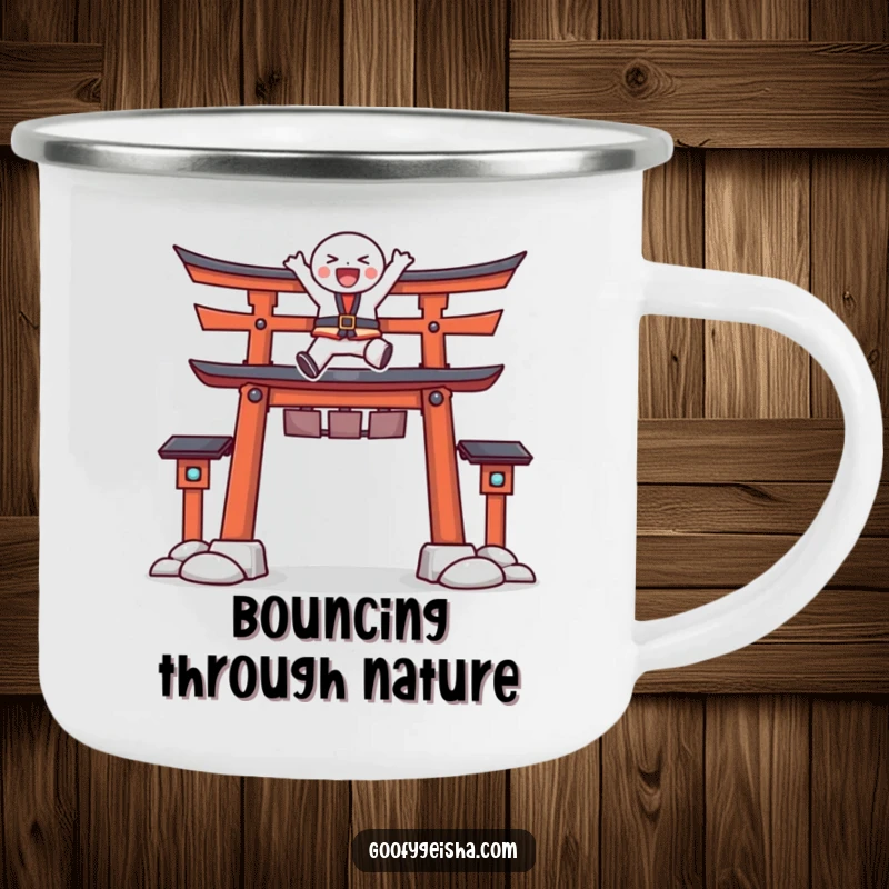 Funny camping mug with a character joyfully leaping energetically over a stylized Torii gate, perfect for outdoor inspiration.