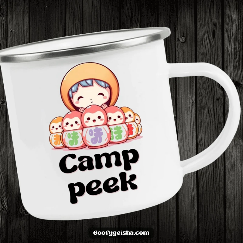 Funny camping mug with a character peeking curiously from behind colorful daruma dolls. Ready for discovery.