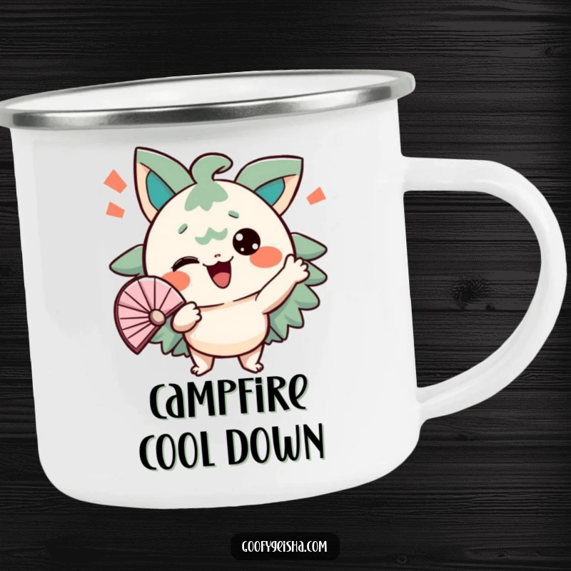 Funny camping mug with a character energetically fanning itself with a comical expression. Ready for outdoor relief.