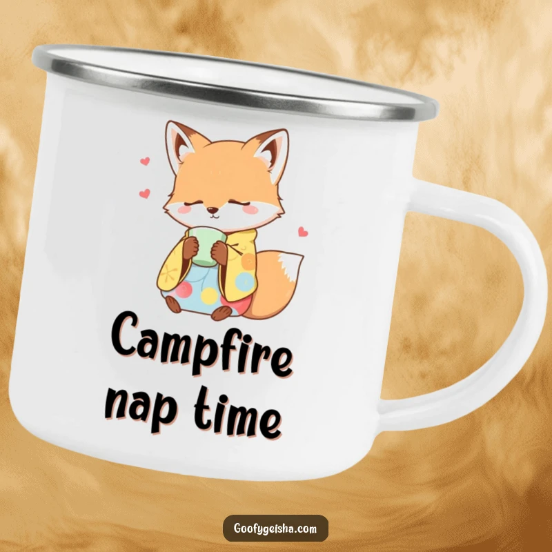 Funny camping mug with a sleepy fox in a colorful kimono dozing off with a teacup, perfect for outdoor relaxation.