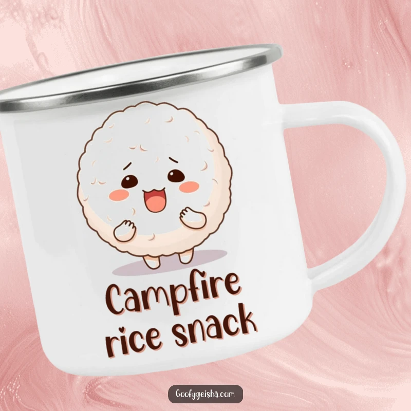 Funny camping mug with a silly character holding a large, bouncy rice ball, perfect for outdoor dining.