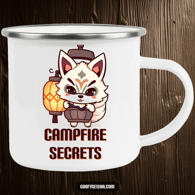 Funny Kitsune mask camping mug with a cute character playfully peeking, perfect for outdoor adventures with a humorous touch.