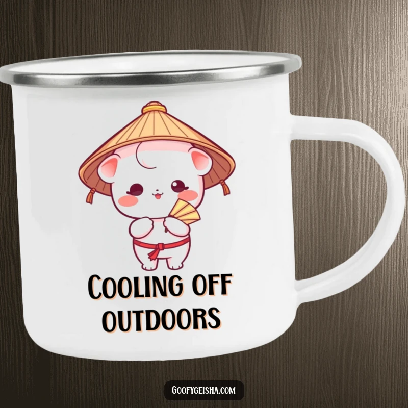 Funny camping mug featuring a Kawaii character in a Japanese hat, comically fanning itself, ideal for outdoor adventures and a good laugh.