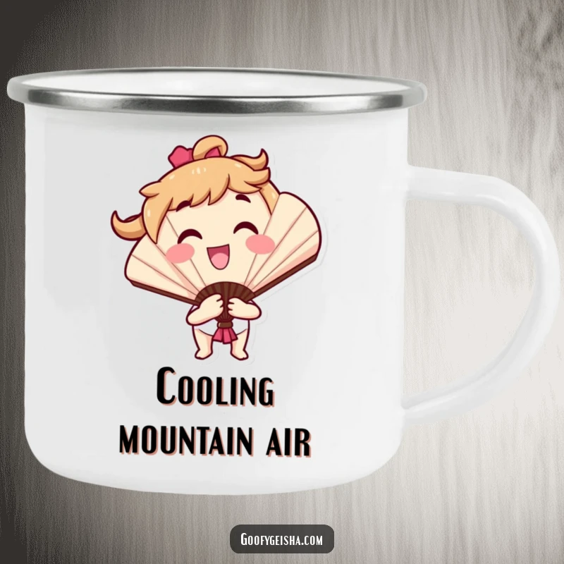 Funny camping mug featuring a smiling fan character in a lively flourish, perfect for hot drinks during outdoor adventures, durable and cheerful.
