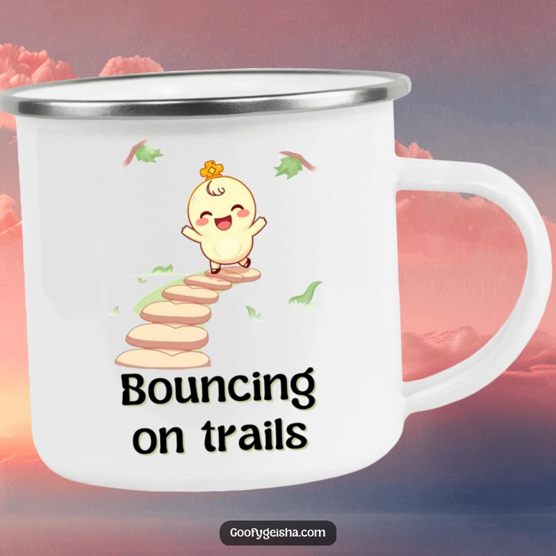 Funny camping mug featuring a giggling lucky charm character bouncing along a path, perfect for outdoor drinks and spreading joyful vibes on the go.