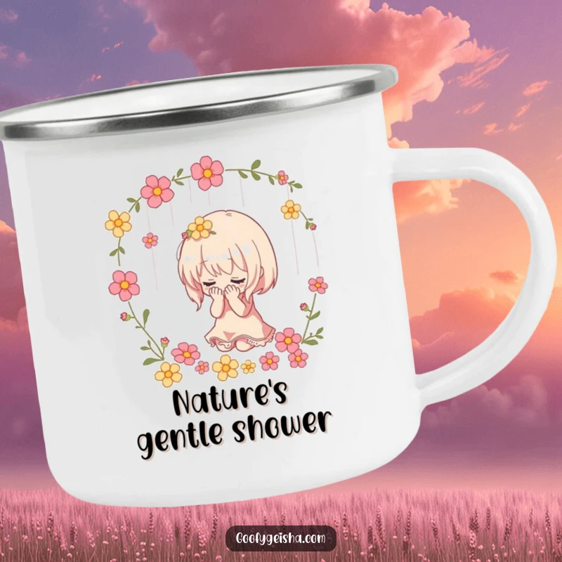 Funny camping mug with a small character dramatically bowing as flowers shower down, perfect for dramatic outdoor moments.