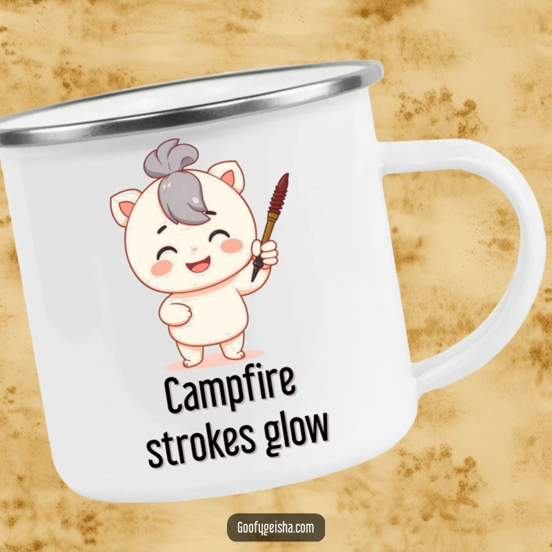 Funny camping mug showing a proud character holding a tiny calligraphy brush, ideal for outdoor creativity and warm drinks.