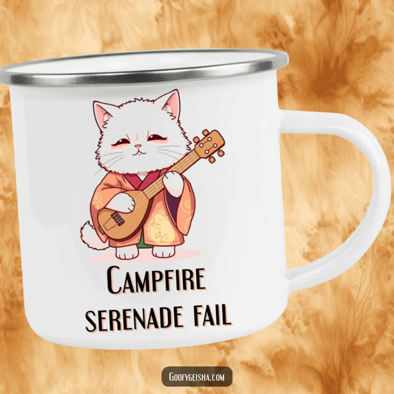 Funny Camping Mug with a fluffy white cat in a vibrant kimono awkwardly playing a shamisen, perfect for outdoor fun and a good laugh.