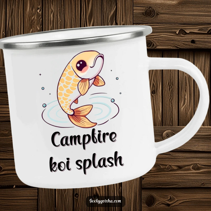 Funny camping mug featuring a lively koi fish character leaping from stylized water ripples, perfect for outdoor aquatic appreciation.