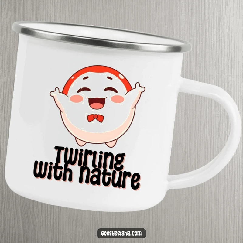 Funny camping mug featuring a floating Daruma doll character joyfully spinning, perfect for outdoor adventures and a dose of good luck.