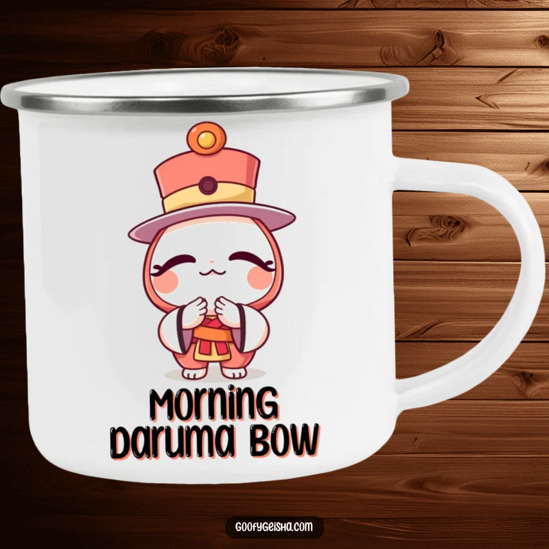 Funny camping mug with a character wearing a daruma doll top hat, bowing politely amidst a natural setting.