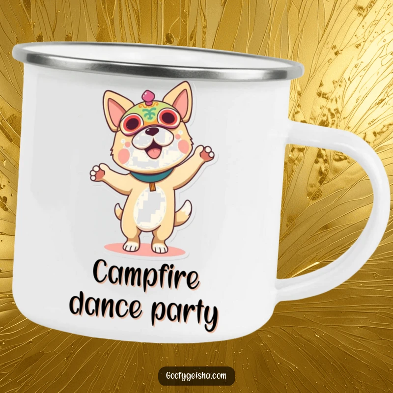 Funny camping mug of a dog in a festival mask, dancing, designed for outdoor enjoyment and spirited sips.