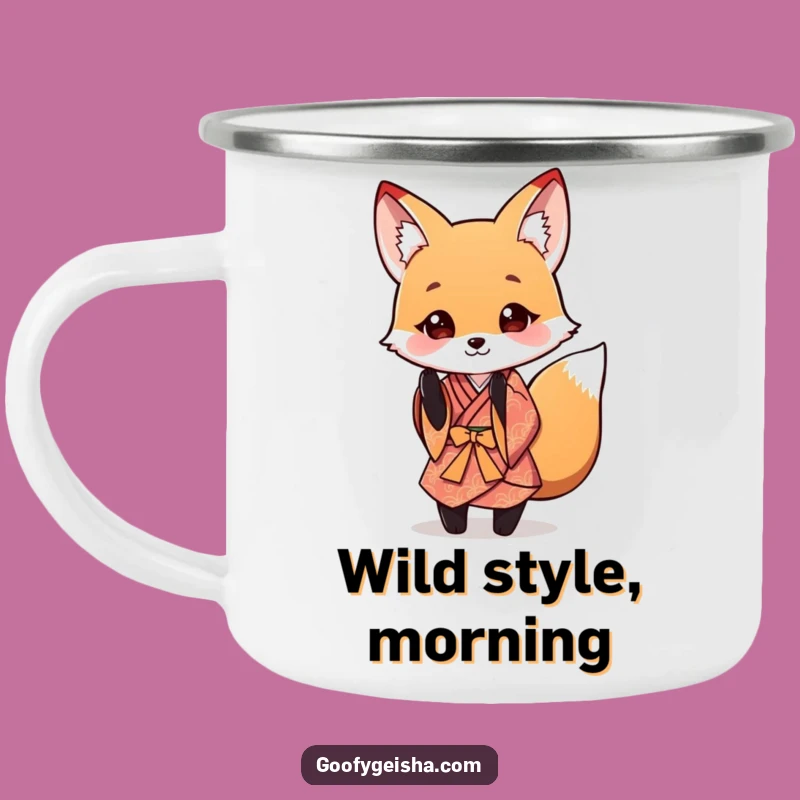 Funny Fox Kimono Camping Mug: Playful Bows by the Campfire