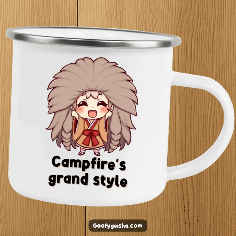 Funny camping mug featuring a character attempting to wear a huge Kabuki wig, ideal for theatrical and humorous outdoor refreshment.