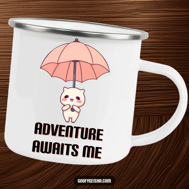 Funny Camping Mug: Kawaii character with an oversized umbrella floating upwards, ideal for outdoor whimsy.