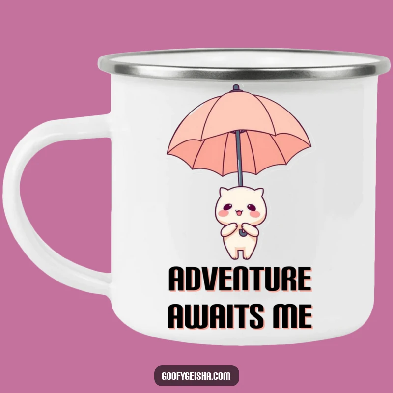 Funny Kawaii Camp Mug: Floating Umbrella Design - Outdoor Whimsy Gift