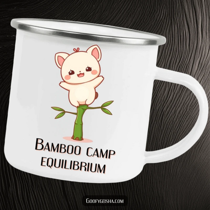 Funny Kawaii camping mug with a delighted character precariously balancing on a small bamboo stalk, ideal for outdoor adventures and warm drinks.