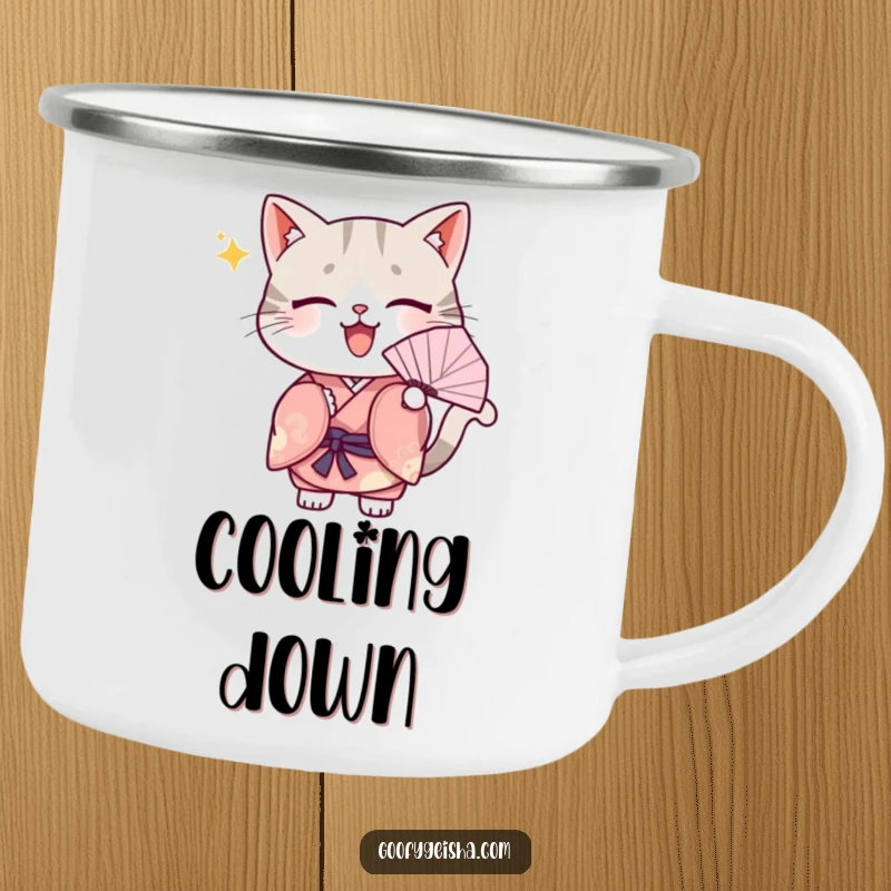 Funny Camping Mug: A Kawaii cat in a kimono, fanning itself, designed for cute adventures and refreshing moments outdoors.