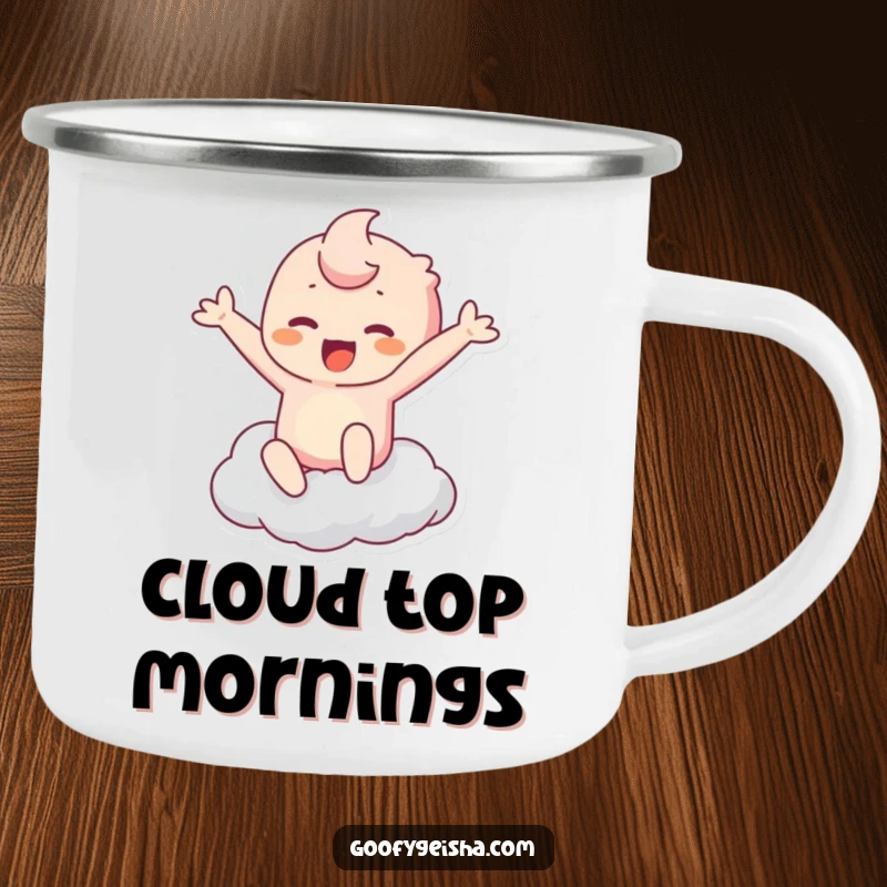 Funny Kawaii Camping Mug: Character leaping to touch a cloud, embodying joy for outdoor fun. Ideal funny gift.