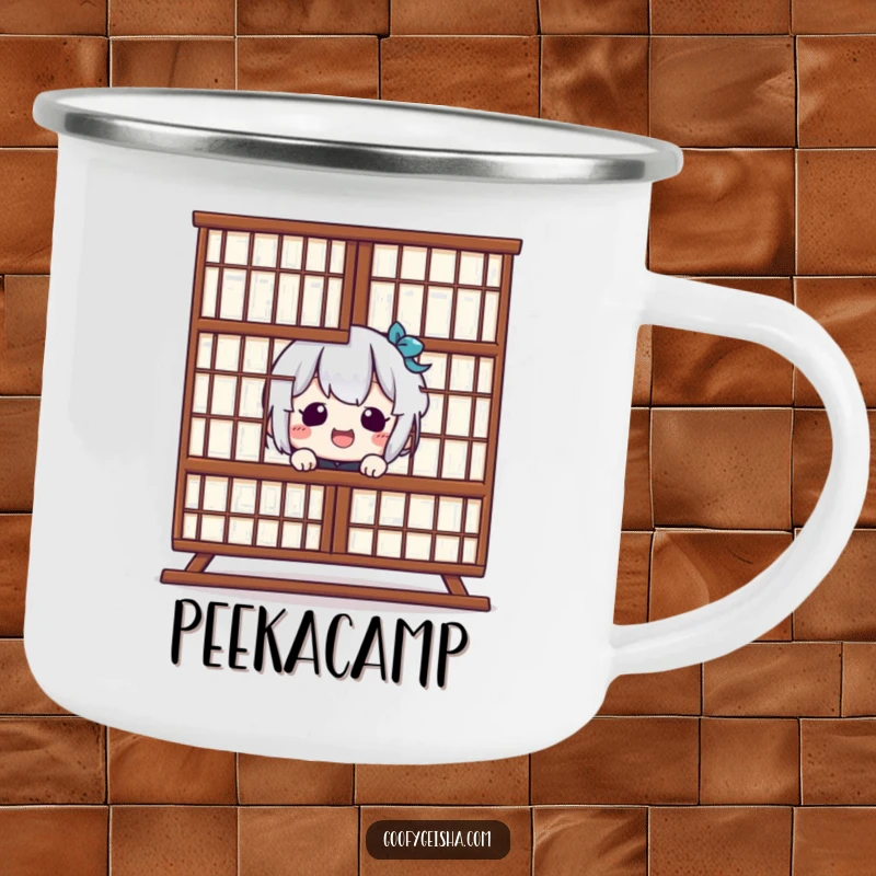 Funny Kawaii Camping Mug: Character peeking from behind Shoji screen with a giggle, ideal for outdoor fun. Ideal funny gift.
