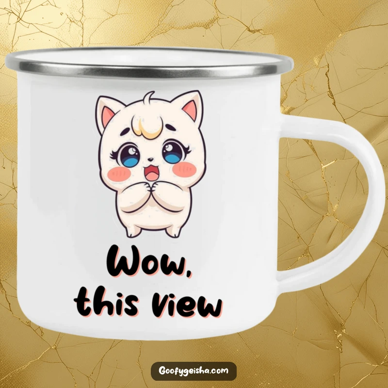 Funny Kawaii Camping Mug: Surprised character clutching head, eyes wide with delight, great for outdoor drinks and adding funny, expressive vibes.