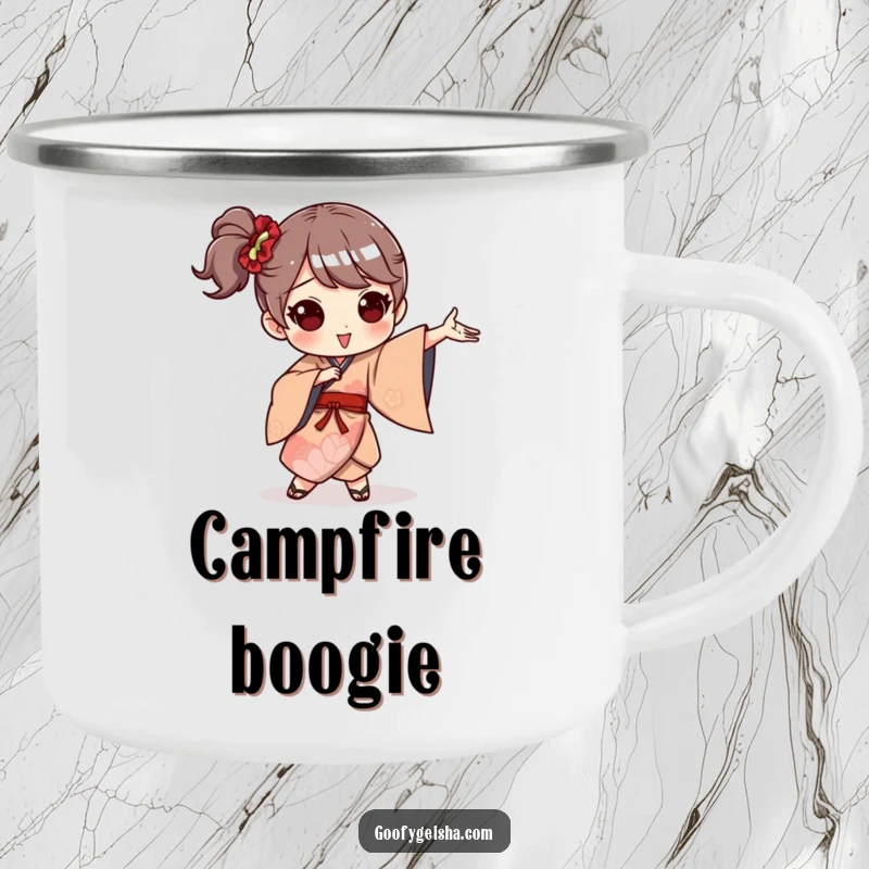 Funny camping mug with a character in a whimsical kimono striking a hilarious, exaggerated dance pose outdoors.