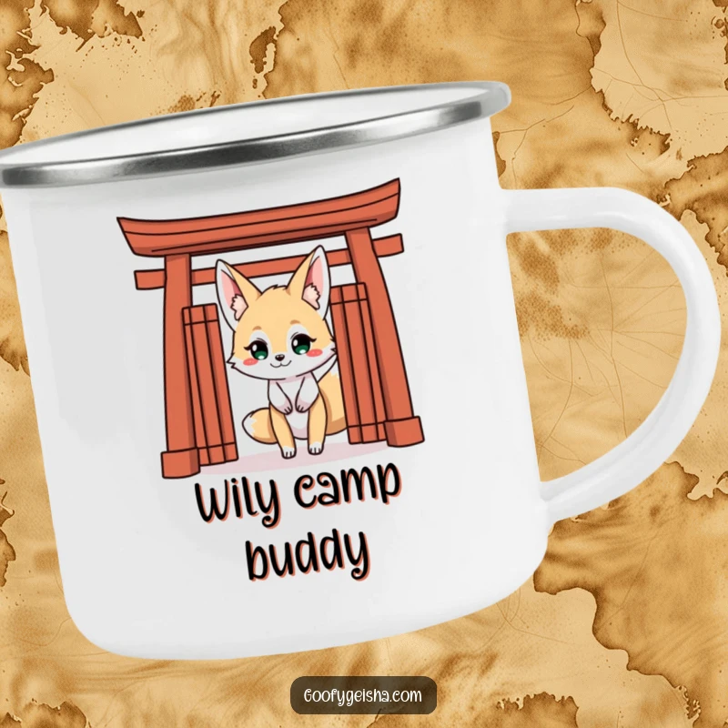 Funny Kitsune Fox Camping Mug: Durable mug with a mischievous Kitsune peeking from a Torii gate, great for outdoor fun.