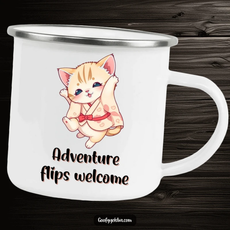 Funny kitten camping mug with a kitten in a kimono doing a somersault, designed for cute outdoor moments.
