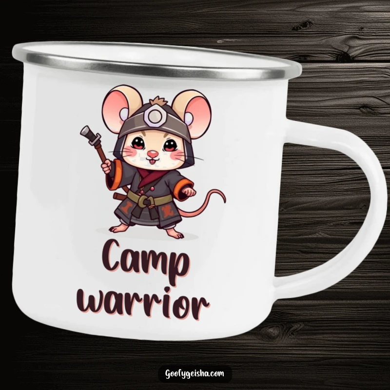Funny Camping Mug: A little mouse samurai in a playful pose, designed for heroic adventures and spirited outdoor moments.