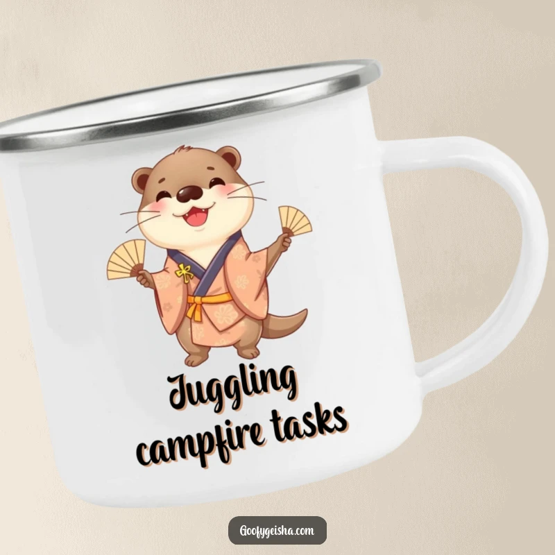 Funny cheerful otter wearing a kimono, juggling fans, ready for active outdoor fun on a camping mug.