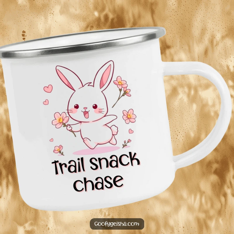 Funny camping mug depicting a rabbit joyfully chasing a blossom, ideal for outdoor beverages and cheerful moments.