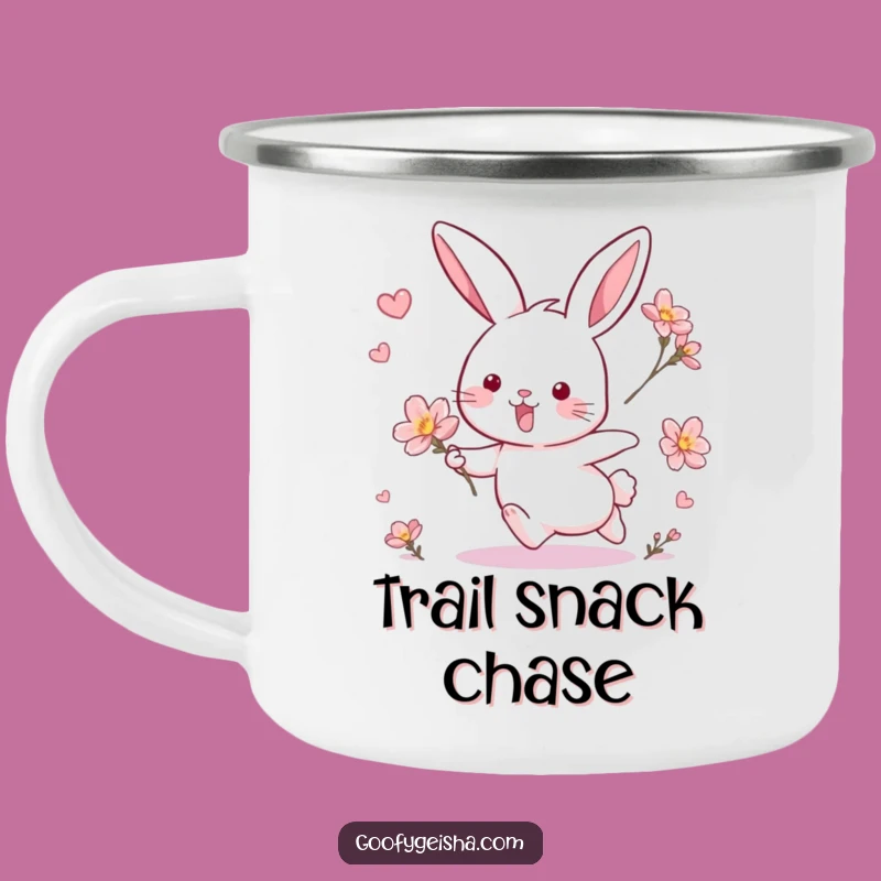 Funny Rabbit & Blossom Chase Camping Mug: Adventure Fuel with Hilarious Vibes