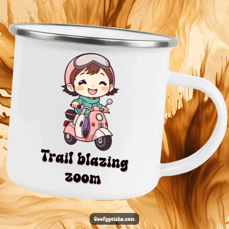 Funny camping mug showing a happy, grinning character riding a small scooter, perfect for outdoor fun and warm beverages.