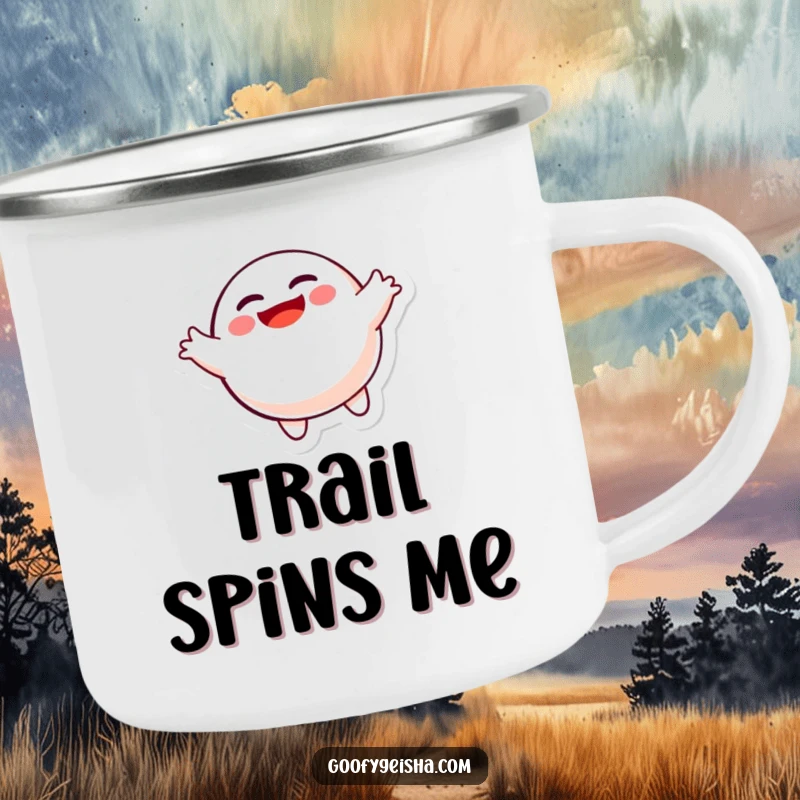 Funny spinning Daruma doll camping mug, featuring a joyful character ready for outdoor adventures with humor.