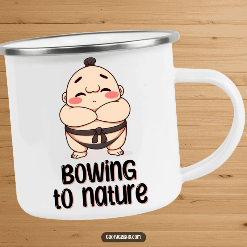 Funny Sumo wrestler camping mug featuring a happy bowing character with crossed arms, built for durable and respectful outdoor use.