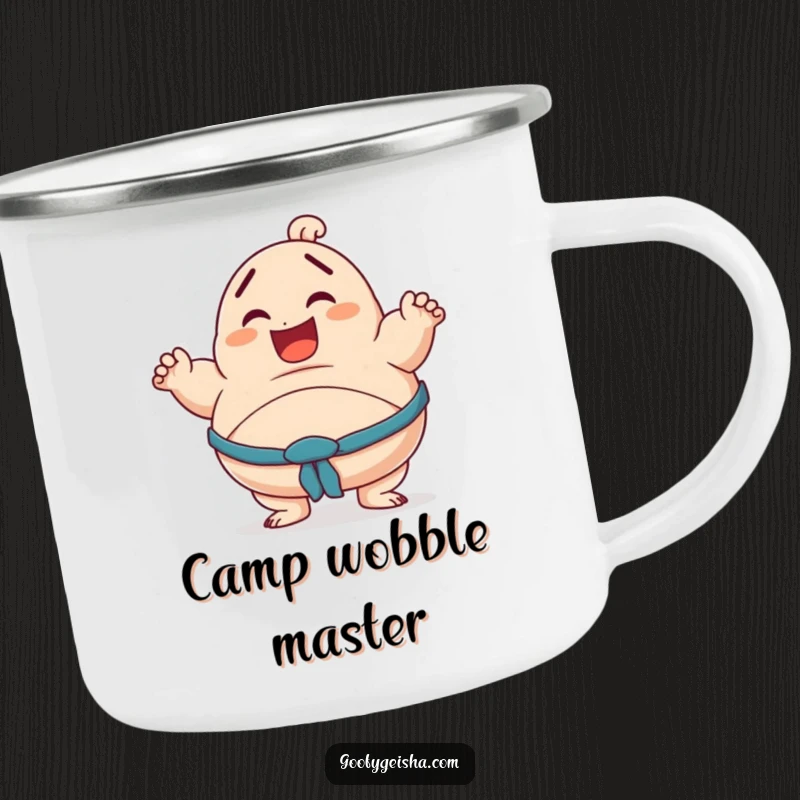 Funny camping mug featuring a smiling character in a wobbly sumo pose, perfect for enjoying drinks during outdoor activities.