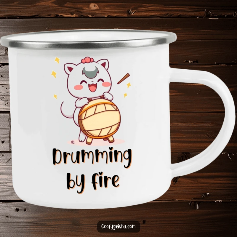 Funny camping mug featuring a Kawaii character energetically playing a Taiko drum with exaggerated motions, perfect for outdoor adventures and music lovers.