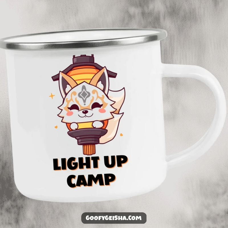 Funny camping mug featuring a cute Kitsune masked character playfully peeking from behind a lantern, perfect for outdoor adventures and a touch of humor.