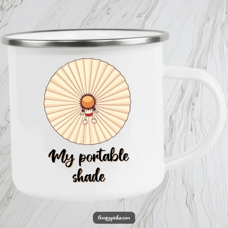 Funny camping mug with a small character hiding behind a large, smiling fan. Ideal for enjoying drinks outdoors with a humorous twist.