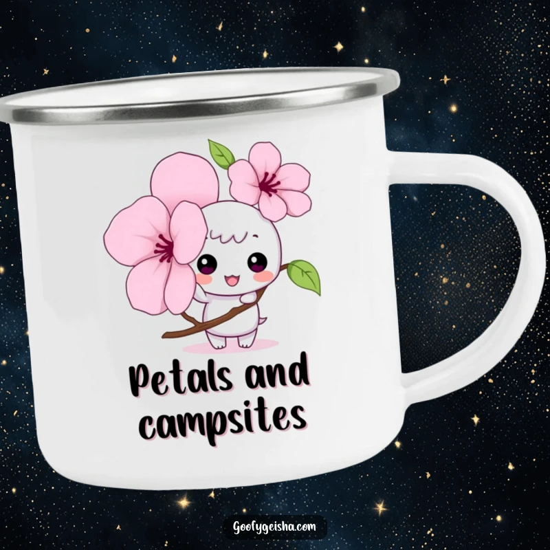 Funny Kawaii camping mug with a mischievous character tapping a large cherry blossom petal, ideal for outdoor adventures and warm drinks.