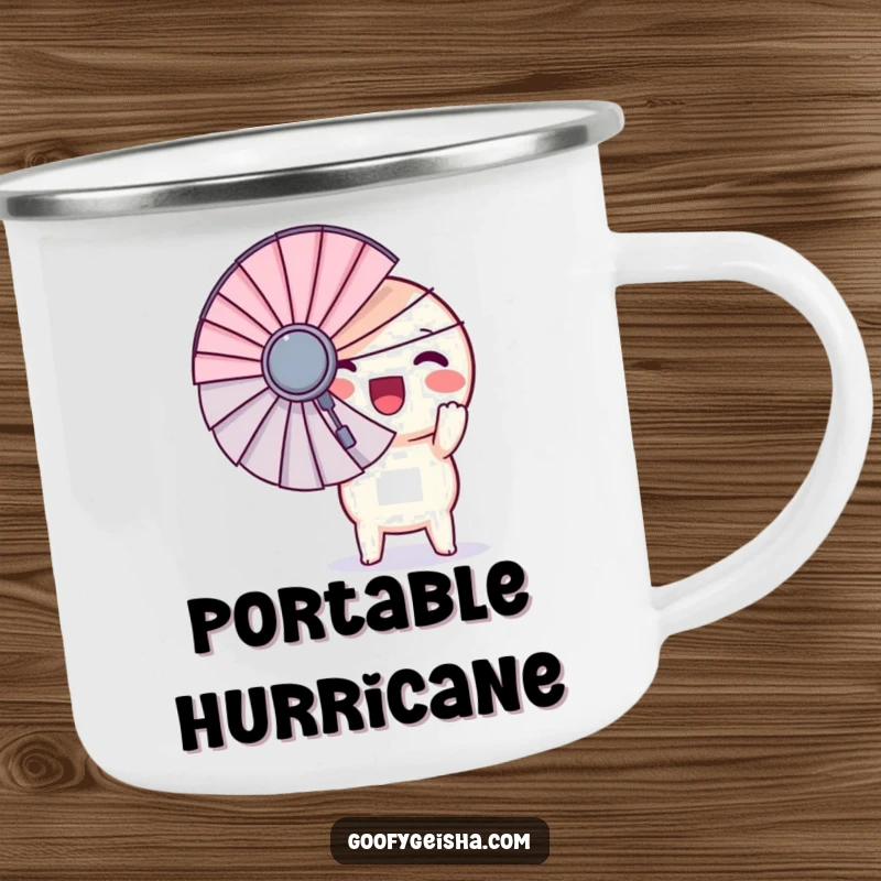 Funny camping mug featuring a round Kawaii character excitedly holding a giant fan, perfect for outdoor adventures and a dose of humor.