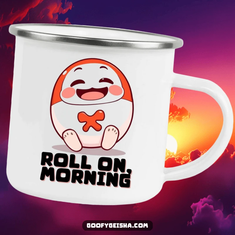 Funny Daruma Doll Camping Mug with a smiling character cheerfully rolling onto its feet, perfect for outdoor motivation.