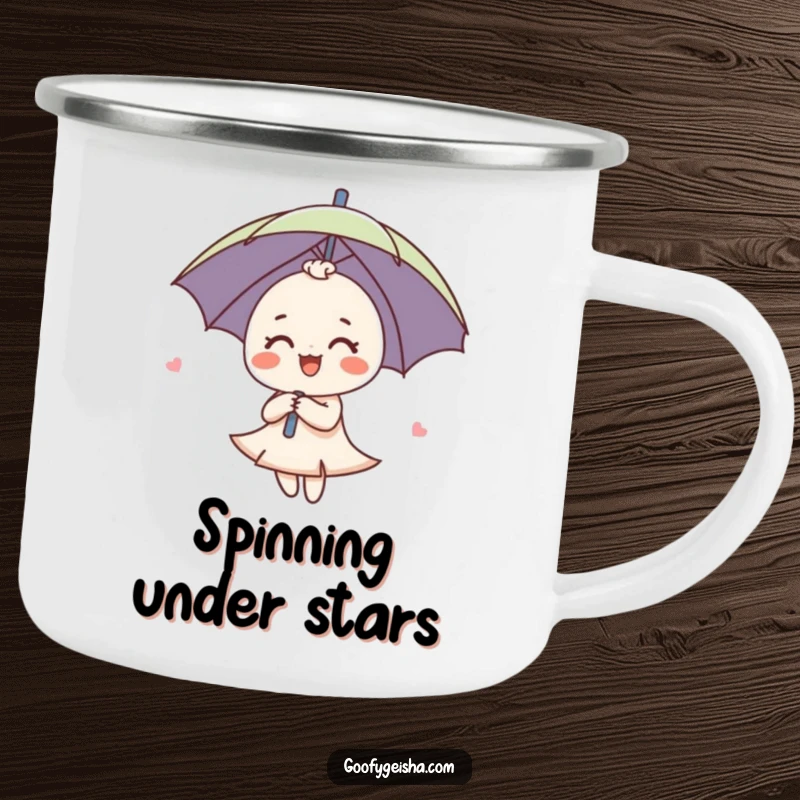 Funny Umbrella Camping Mug with a cute umbrella character spinning joyfully, perfect for enjoying drinks during outdoor activities.