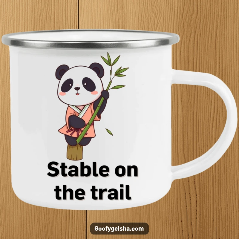 Funny camping mug artwork: a small panda in a kimono attempting to balance on a single bamboo stalk in an outdoor setting.