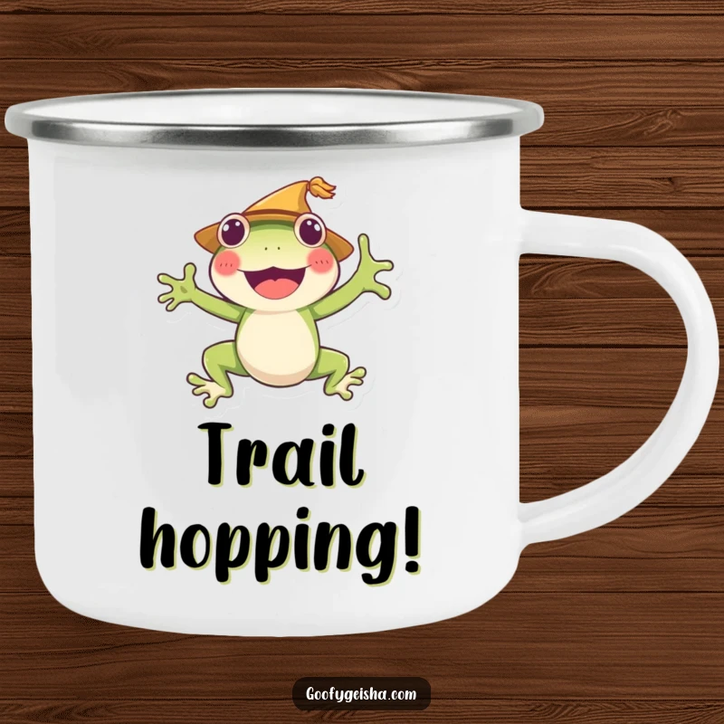 Funny frog camping mug with a straw-hatted character joyfully jumping, designed for outdoor adventures. A durable and humorous drinkware.
