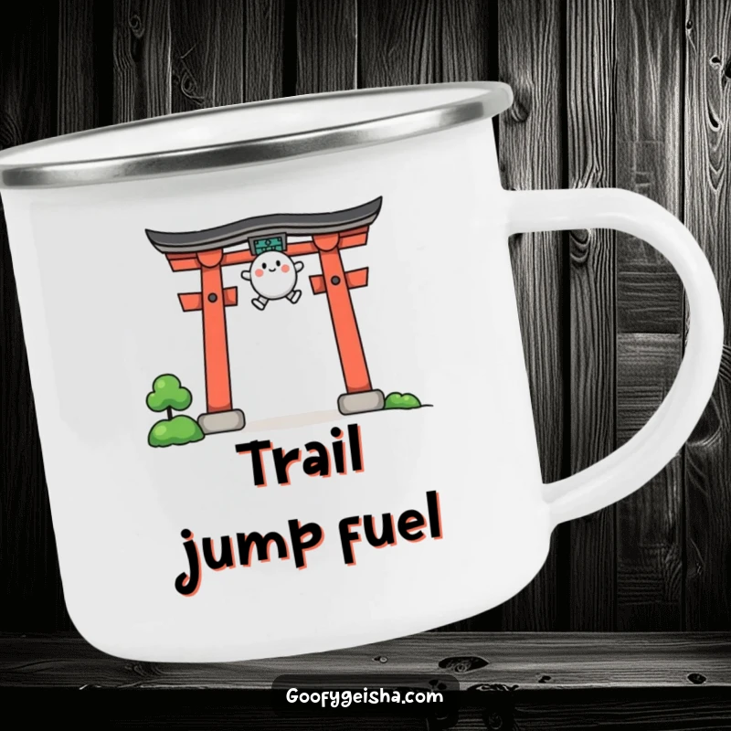 Funny camping mug with a small character leaping with joy over a stylized torii gate in a scenic setting.