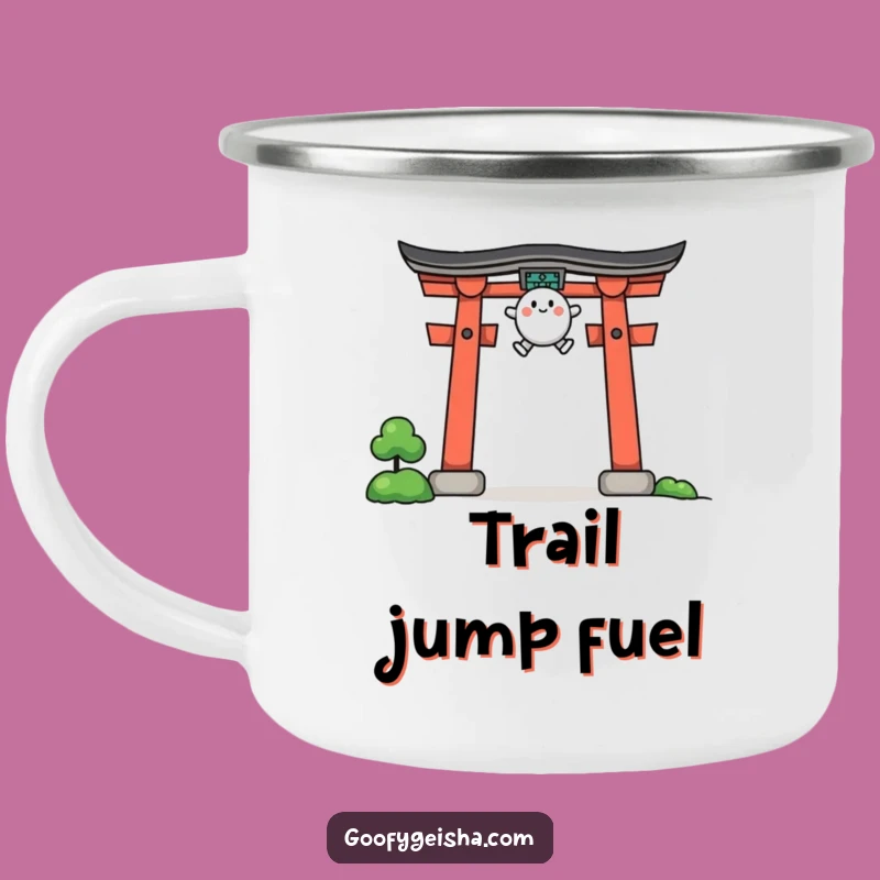 Funny Jumping Character Camping Mug Torii Gate Outdoor Gift