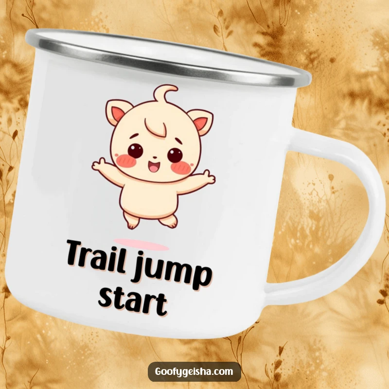 Funny camping mug depicting a rosy-cheeked character joyfully jumping, embodying fun for outdoor excursions.